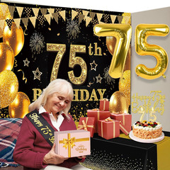 75th Birthday Decorations Men Women with 75th Birthday Banner, Black and Gold Ta