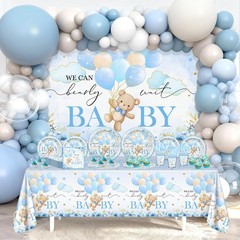 270 Pcs Baby Shower Decorations – Blue Bear Theme, Plates, Napkins, Cups, Balloo