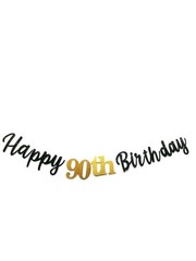 Black Happy 90th Birthday Banner Sign Gold Glitter 90 Years Birthday Party De