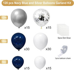 Blue Silver Balloons Garland Kit, 120 Pcs Navy Blue and Silver Confetti White Ba