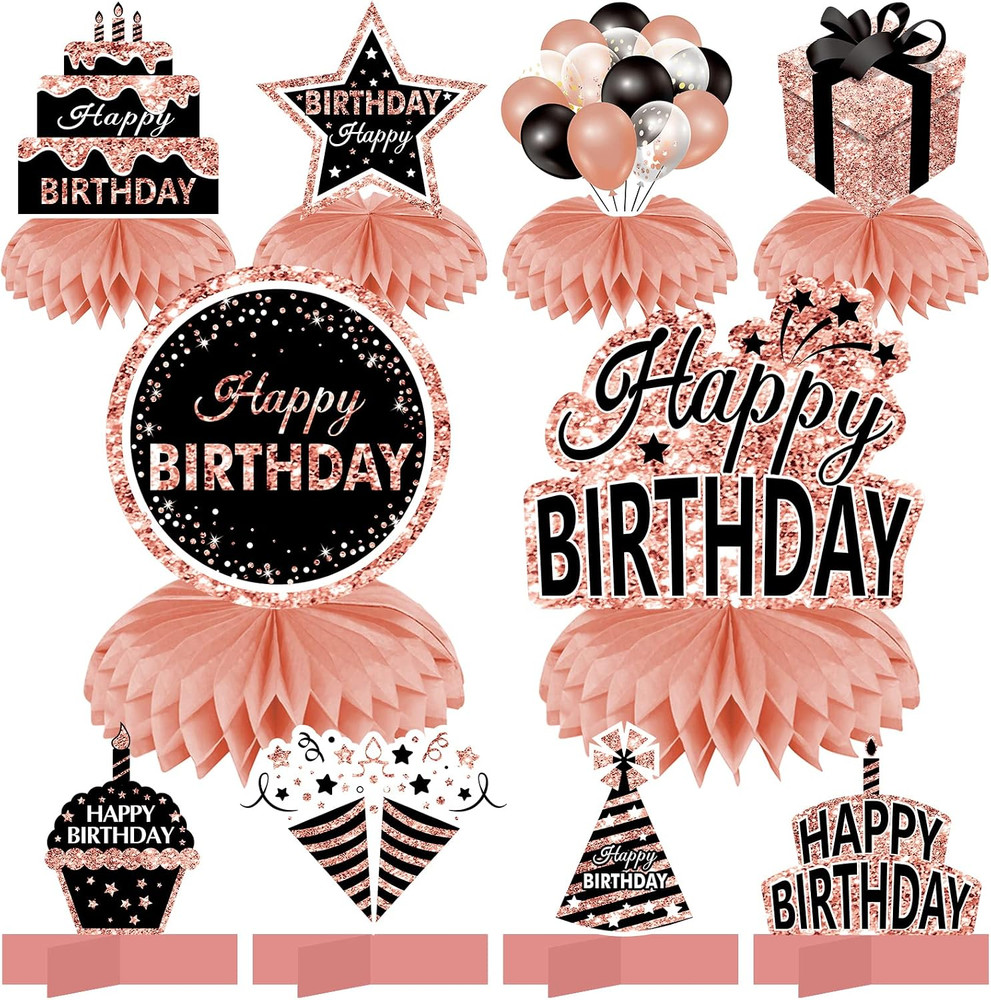 10Pcs Rose Gold Birthday Decorations Honeycomb Centerpieces for Girls Women, Ros