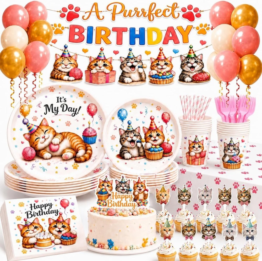 Cat Themed Birthday Decorations Set NEW