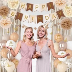 Complete Elegant Birthday Decorations – Neutral Balloons, Banners & Pompoms