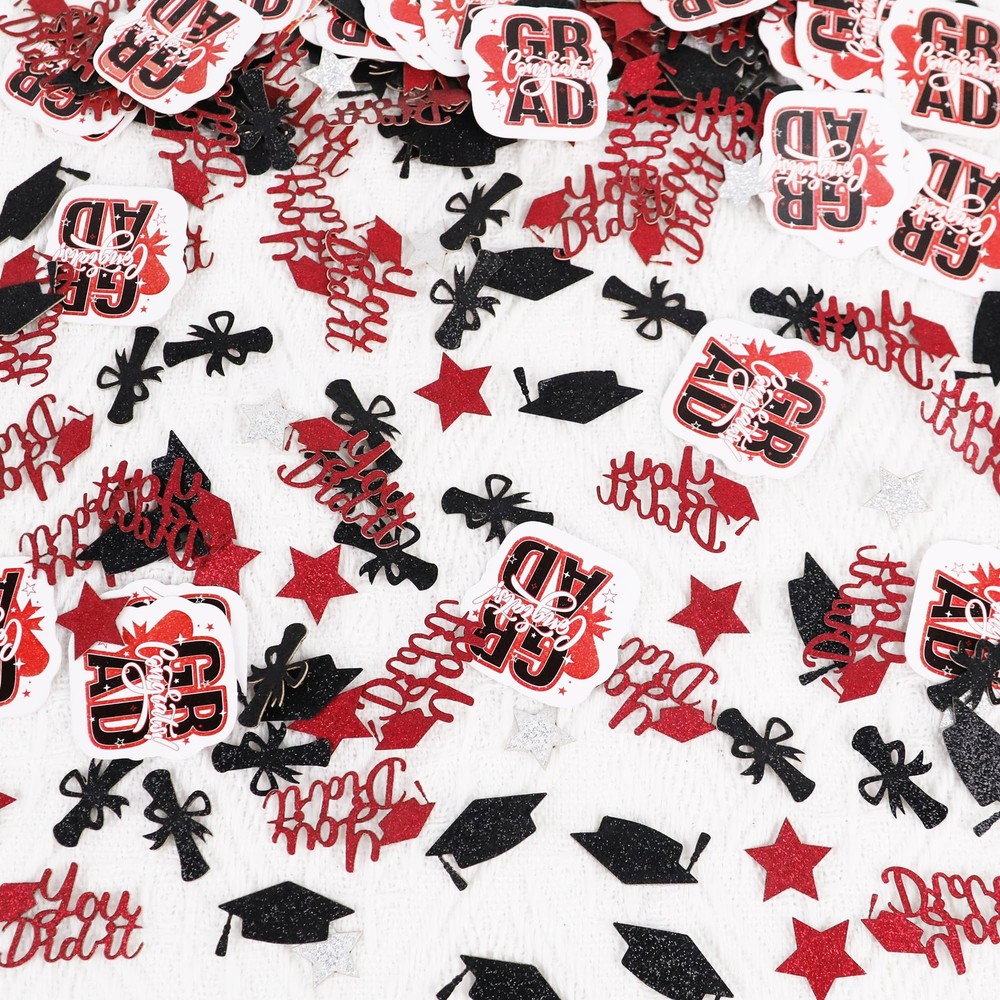 Glitter Red Black Graduation Confetti Congrats Grad Cap Stars Decor 200 PCS