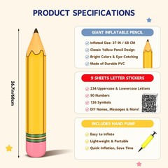 12 Pcs Inflatable Pencil Balloon Set with Air Pump and 9 Letter Sticker Sheet…