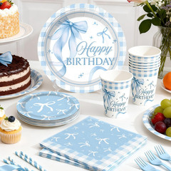 cocomigo 288 PCS Blue Bow Birthday Decorations, Hassle-Free One-Stop Set for 25