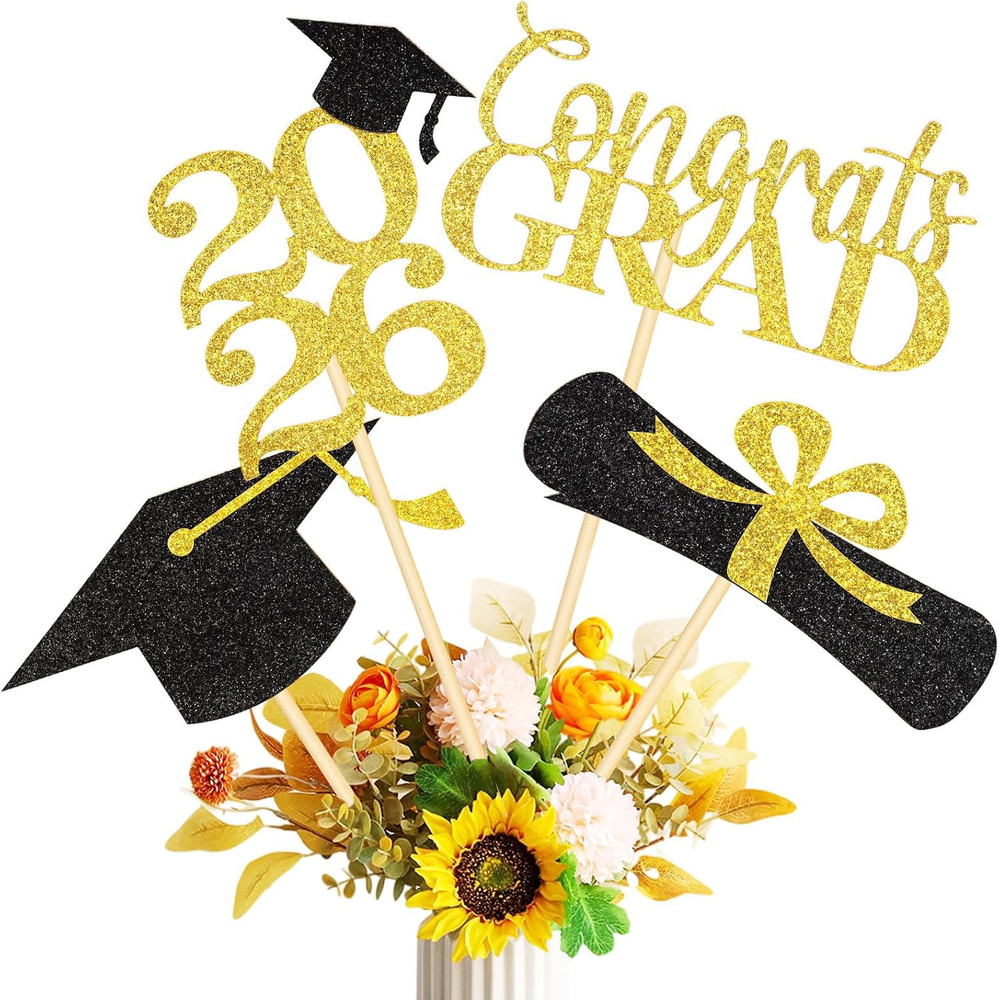 16 Pcs Black Gold Graduation Centerpiece Sticks, Double-Sided Graduation Decorat