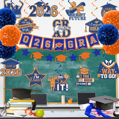 Orange and Blue Graduation Decorations, Grad Banner and Congrats Grad Hanging Sw