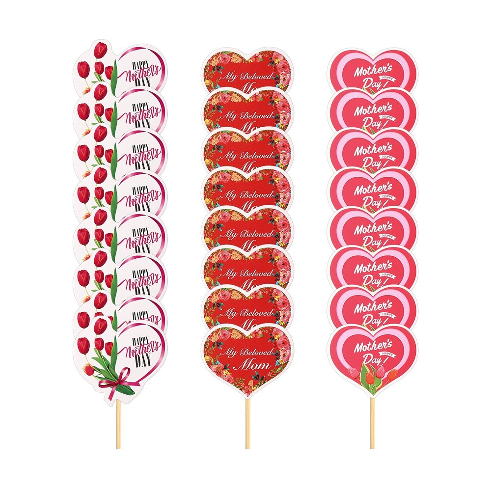 24pcs Mother’s Day Cake Toppers – Pink Love Party Decorations for Mum