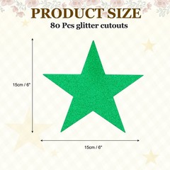 80 Pcs 6 Inch Double Printed Glitter Star Cutouts, Green