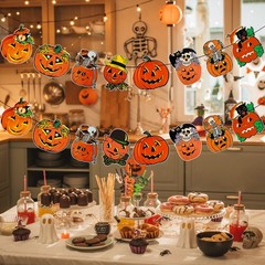 2 Pack Vintage Halloween Pumpkin Garland Banner Decorations, Retro Orange
