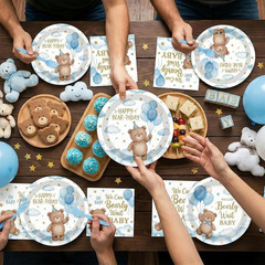 96 Pcs Baby Shower Party Decorations Tableware Set, Blue Bear Disposable Dessert