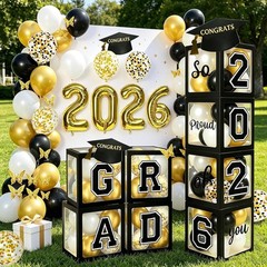 2026 Graduation Party Decorations: 4 Pcs Black Balloon Boxes with Letters 202…