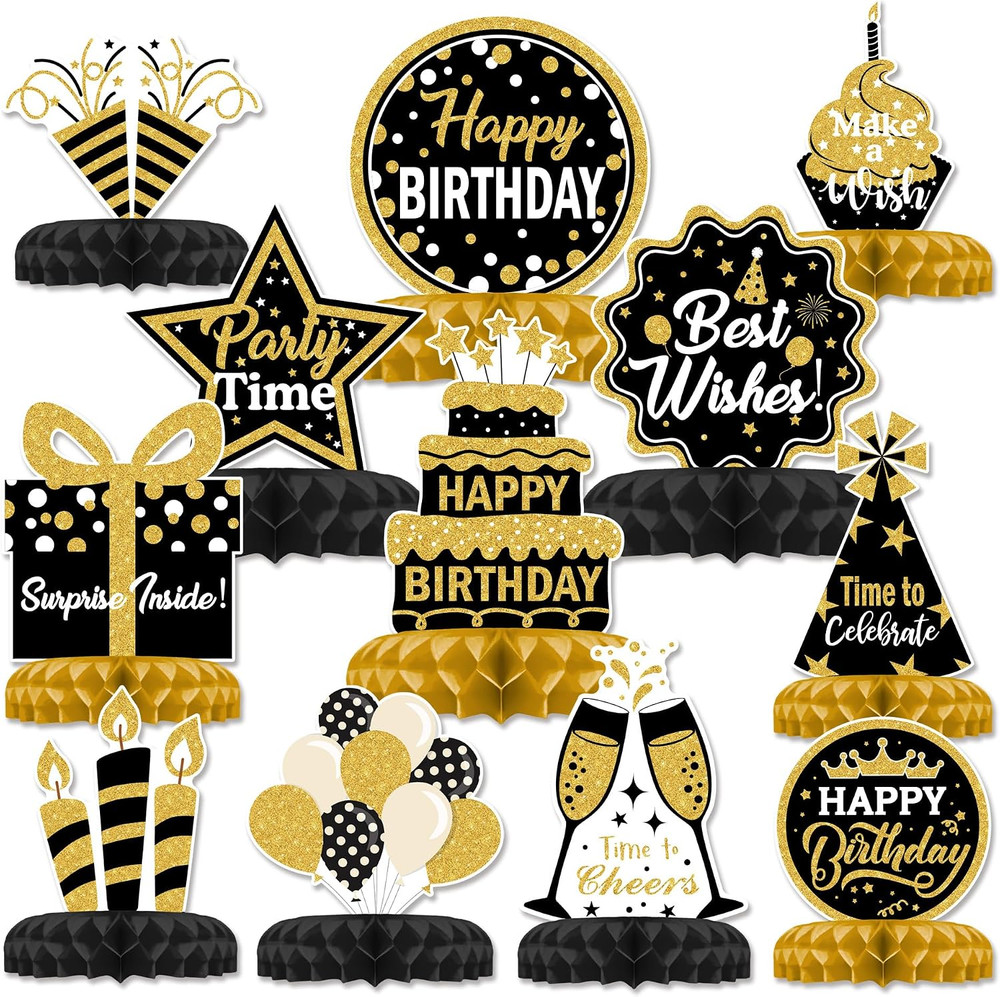 12 Pcs Birthday Table Decorations Glitter Black and Gold Birthday Decorations Ho