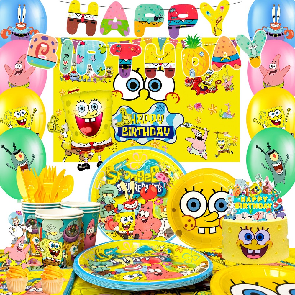 SpongeBob Party Decorations 99 Pcs SpongeBob Birthday Balloons Backdrop Plates