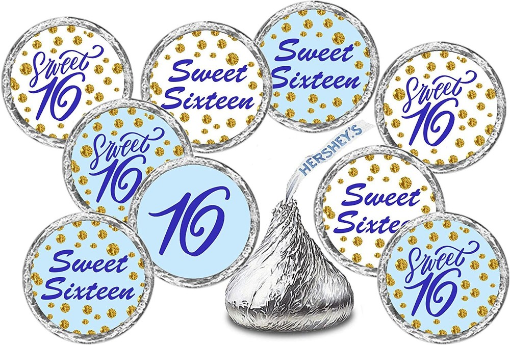 Blue 16th Birthday Kisses Stickers, (Set of 216), Sweet 16 Chocolate Drops Label