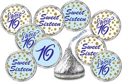 Blue 16th Birthday Kisses Stickers, (Set of 216), Sweet 16 Chocolate Drops Label