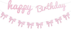 Pink Bow Happy Birthday Banner Garland for Women Girls Bow Birthday Decorations