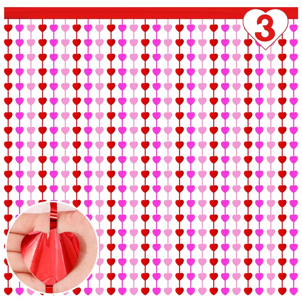 6 Pcs Heart Foil Fringe Curtains 3.3×6.6ft Valentines Day Photo Backdrop Foil C