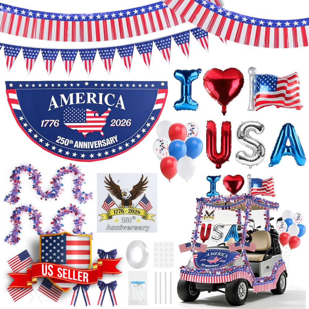 Patriotic Golf Cart Decorations Kit with USA Balloons, Flags & Eagle Sticker