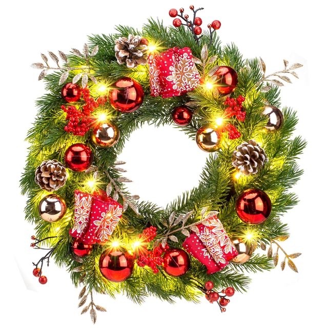 Pre-lit Christmas Wreath Luxury 40LEDs 16 Inch 40cm Battery Timer 8 Light Modes