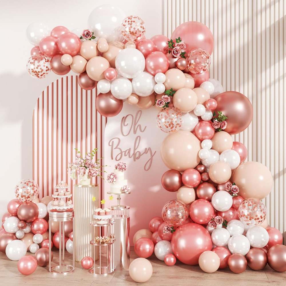 147PCS Rose Gold Balloon Garland Arch Kit, Pearl Rose Gold Metallic White Nude B