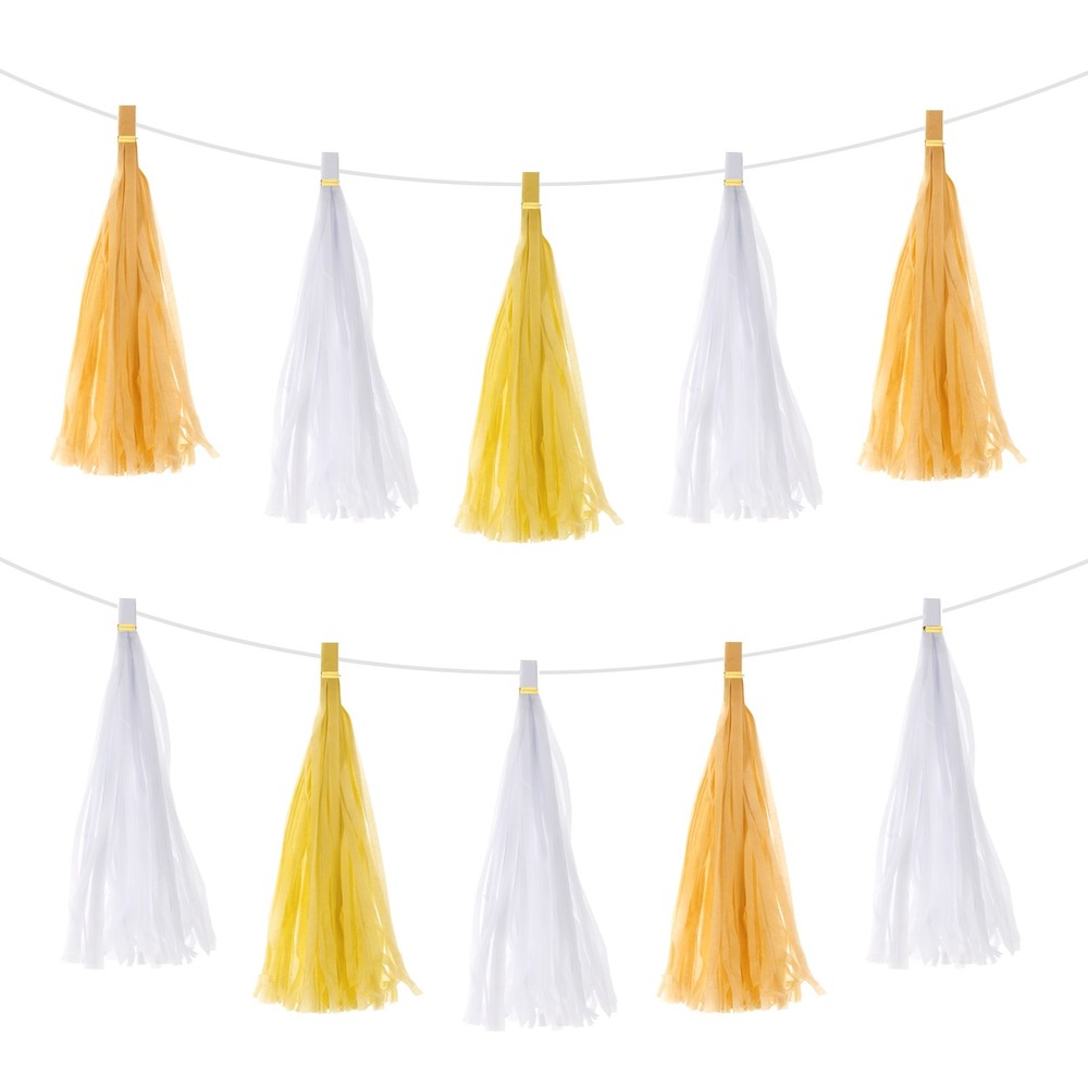 30 Pcs Light Yellow/Dark Yellow/White Tassel Garland Banner with Rope