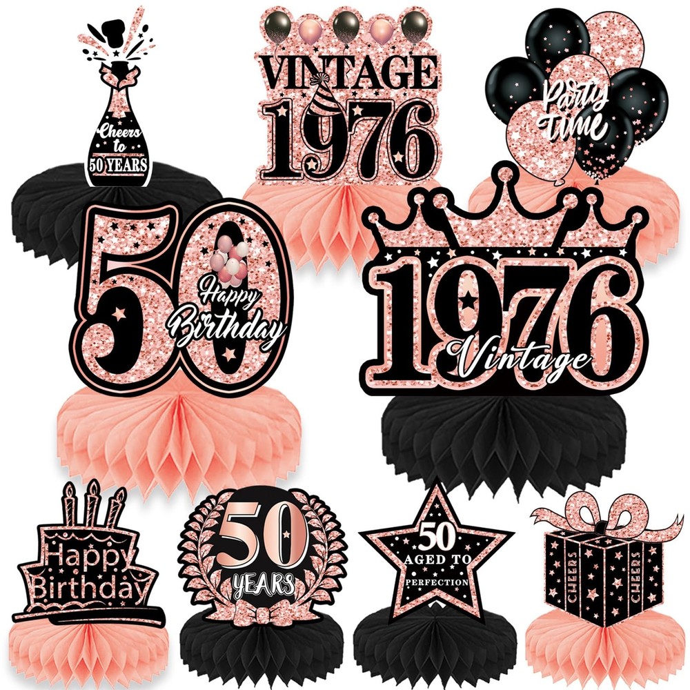 9 PCS 50th Birthday Party Table Decorations Rose Gold Pink Honeycomb Center