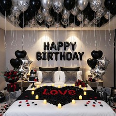 Romantic Birthday Decorations for Men with Black Silver Balloons, Happy Birth…