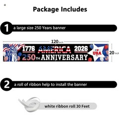 Vibrant 250th Anniversary Patriotic Banner 120″ x 20″ – Easy to Hang Anywhere