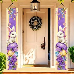Happy Easter Porch Banner 12×71 inch White Bunny Porch Banner Set with Purple…