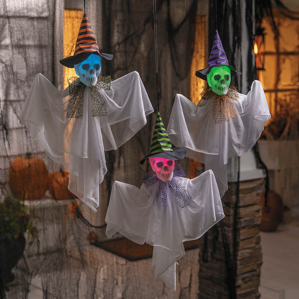 23 1/2″ Hanging Light-Up Skeleton Face Ghosts with Witch Hats – Set of 3 – ATC