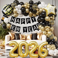 Happy New Year Balloon Arch, Black White and Gold Balloon Garland Kit with Ne…