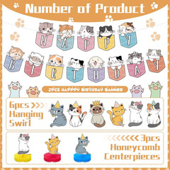 16 Pcs Cat Theme Birthday Party Decorations Party Supplies Kit, Includes Cat Par