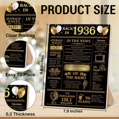 90Th Birthday Party Decorations for Women Men, Black and Gold Back in 1936 Poste