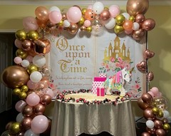 Aumeko 8x6ft Once Upon a Time Backdrop Pink Floral Gold Castle Princess