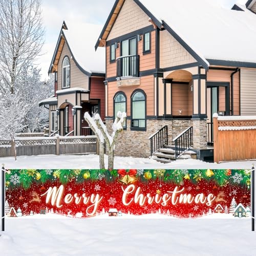 Large Merry Christmas Yard Banner Green Red Backdrop for Christmas