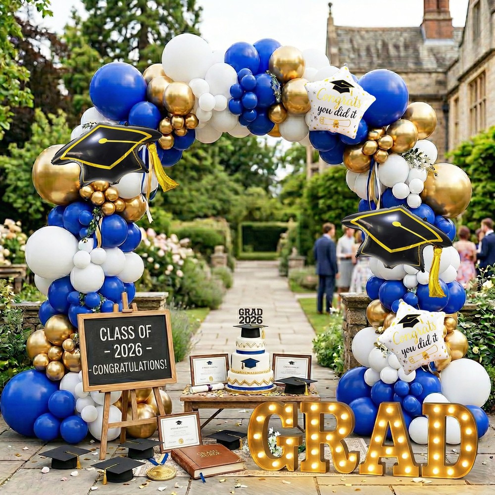 130PCS 2026 Royal Blue Gold White Graduation Balloon Arch Kit Garland Decorat…