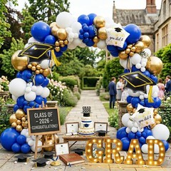 130PCS 2026 Royal Blue Gold White Graduation Balloon Arch Kit Garland Decorat…