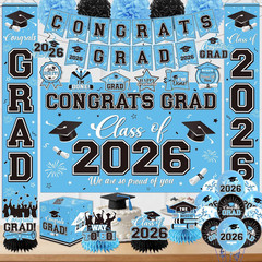 Graduation Decorations 2026 Light Blue Party Decor Set with Congrats Grad Banner