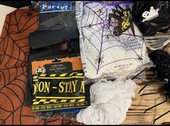 Halloween Decorations Lot Spiderweb, Skeleton Hands, Pumpkins & Caution Tape