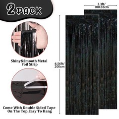 2 Pack Laser Black Tinsel Foil Fringe Curtains, Black Party Decorations, Meta…