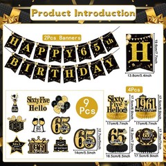 Yoyuspy 65th Birthday Decorations for Men Women, Black and Gold 65
