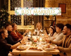 Just Married Banner Backdrop Decorations, Wedding Engagement Party Photo Booth P