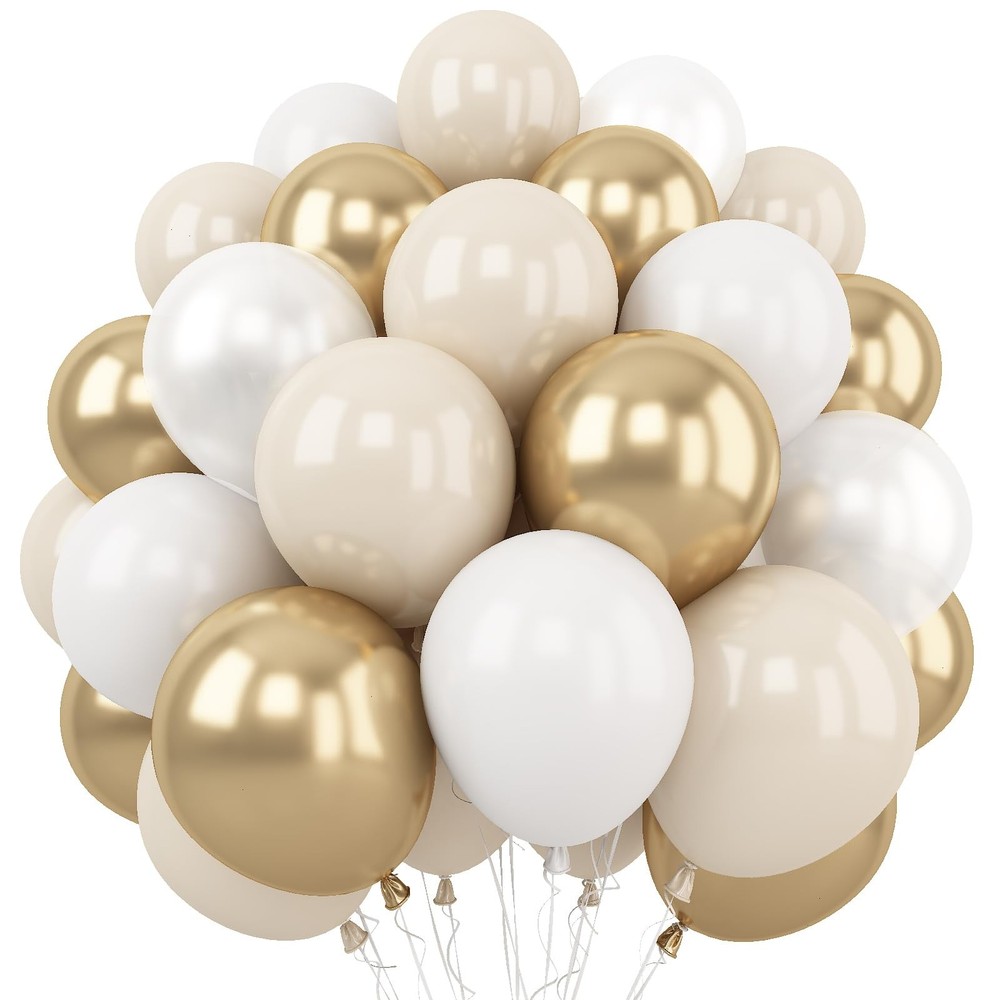 White and Gold Balloons, 12 Inch White Sand Gold Metallic Latex Balloons, Bei…