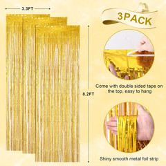 Voircoloria 3 Pack 3.3 x 8.2 ft Laser Gold Foil Fringe Backdrop Curtains, Tinsel