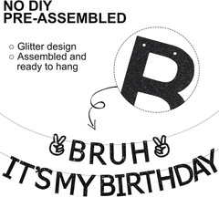 Black Pre-Strung ‘Bruh It’S My Birthday’ Banner – 2Pcs, 7.2Ft, No DIY, Glitter C