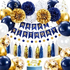 Birthday Decorations for Men, Navy Blue and Gold Party Decorations Set –