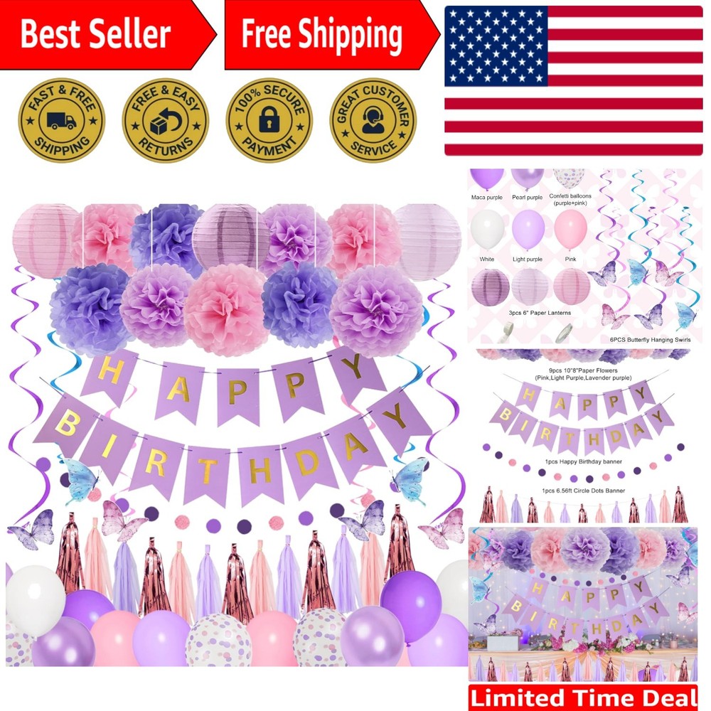 Elegant Purple Butterfly Birthday Decorations Set – 66 Piece Party Supplies