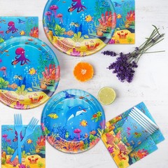 Cartoon Marine Animal Tableware Set for Underwater Themed Parties – 24 Guests